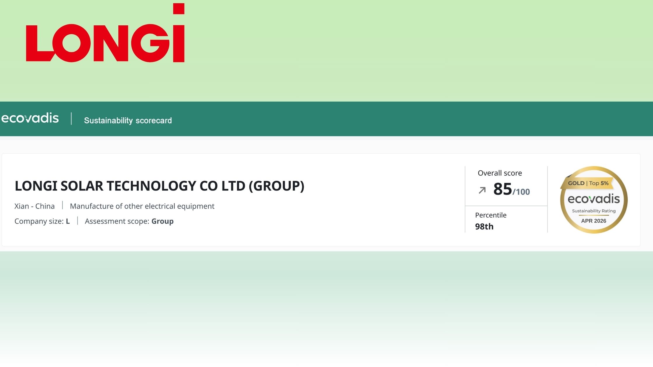 LONGi Repeats EcoVadis Gold Medal, Joins Top 2% of 150,000 Participating Companies